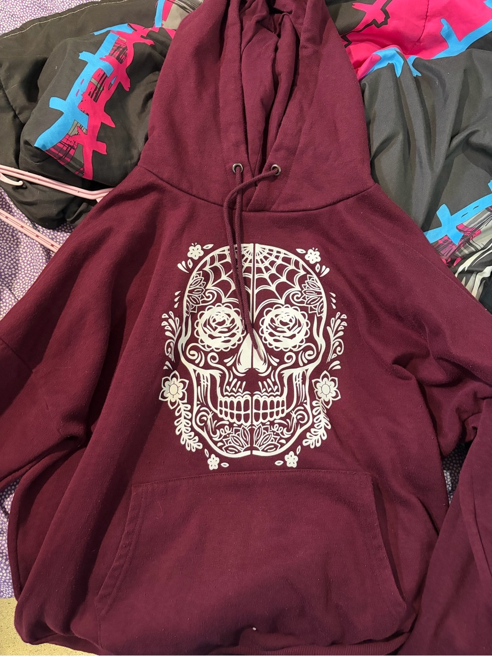 Women's Burgundy Sugar Skull Hoodie Sweatshirt